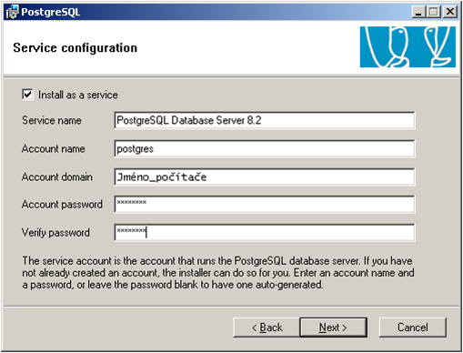 Instalace PostgreSQL, konfigurace služby. [1]